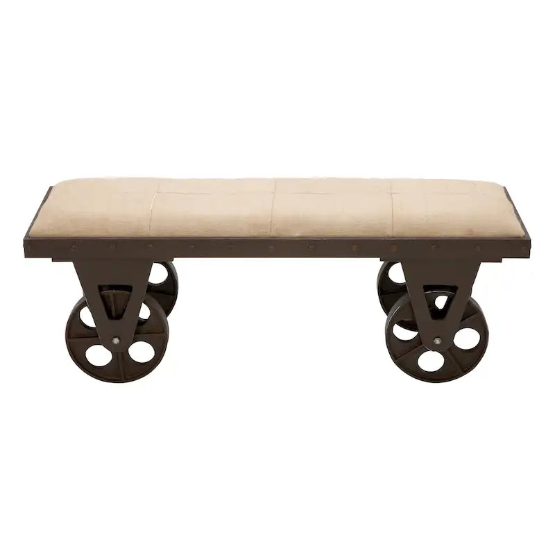 Linen Fabric Vintage Industrial Inspired Home Bench with Wheels and Linen Upholstered Seat - Brown -