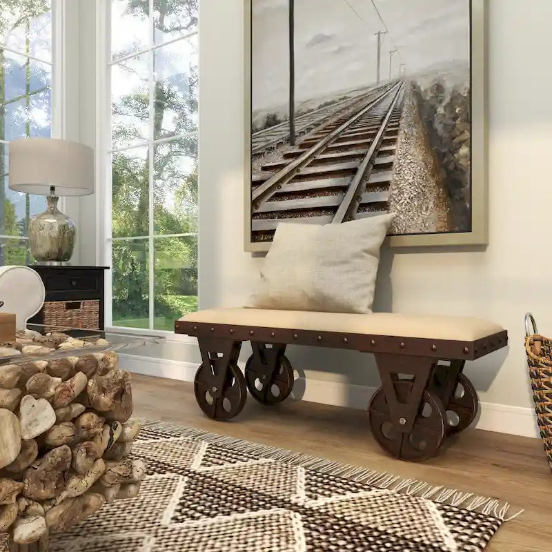 Linen Fabric Vintage Industrial Inspired Home Bench with Wheels and Linen Upholstered Seat - Brown -