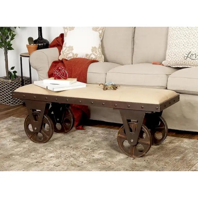 Linen Fabric Vintage Industrial Inspired Home Bench with Wheels and Linen Upholstered Seat - Brown -