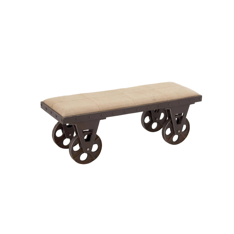 Linen Fabric Vintage Industrial Inspired Home Bench with Wheels and Linen Upholstered Seat - Brown -