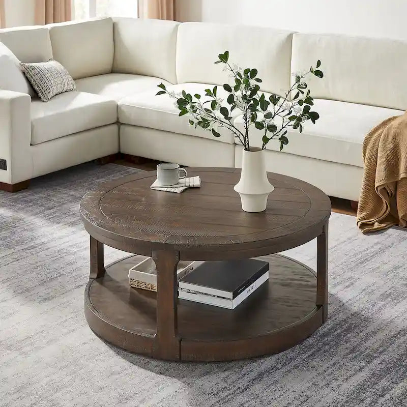 40 Modern 2-Tier Round Coffee Table with Wood Grain Top and 4 Wheels at the Bottom, Suitable for Living Room, Bedroom, Office