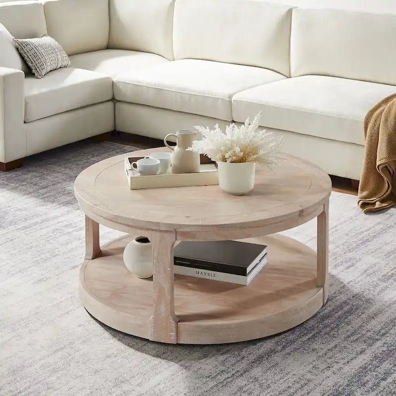 40 Modern 2-Tier Round Coffee Table with Wood Grain Top and 4 Wheels at the Bottom, Suitable for Living Room, Bedroom, Office