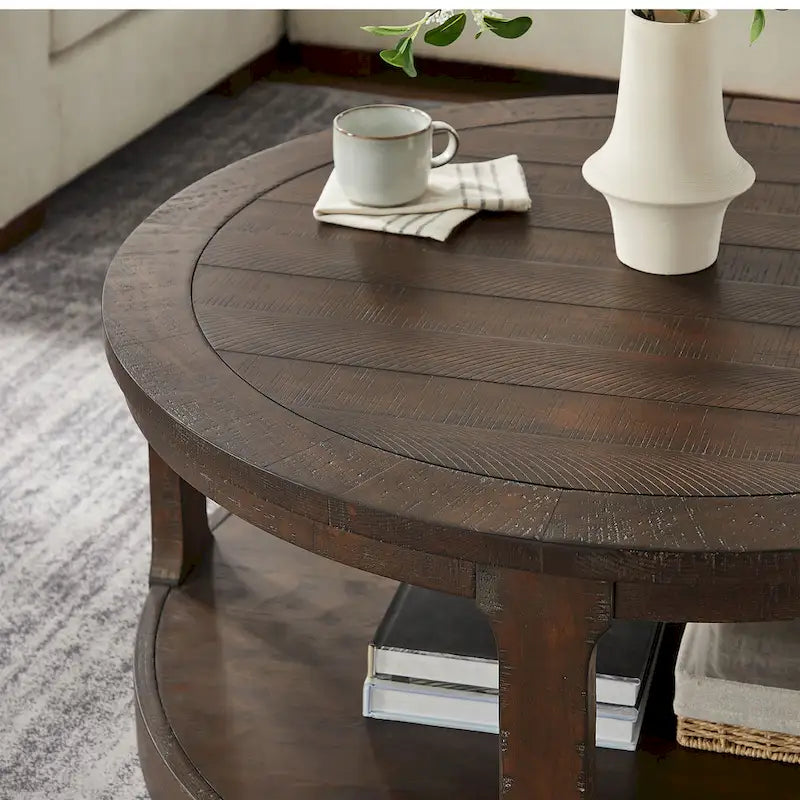 40 Modern 2-Tier Round Coffee Table with Wood Grain Top and 4 Wheels at the Bottom, Suitable for Living Room, Bedroom, Office