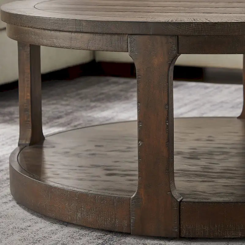 40 Modern 2-Tier Round Coffee Table with Wood Grain Top and 4 Wheels at the Bottom, Suitable for Living Room, Bedroom, Office