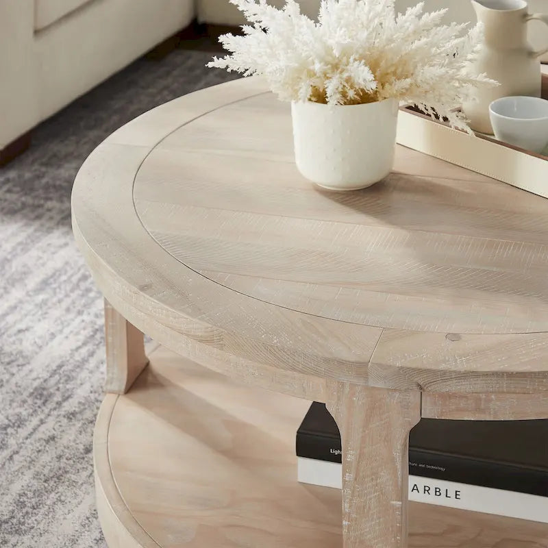 40 Modern 2-Tier Round Coffee Table with Wood Grain Top and 4 Wheels at the Bottom, Suitable for Living Room, Bedroom, Office