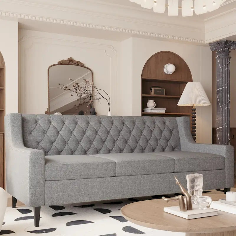 Medieval-style modern fabric three-seater sofa with tufted backrest