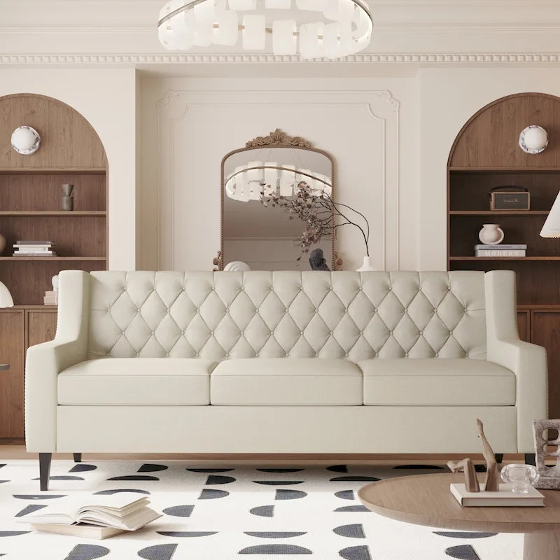 Medieval-style modern fabric three-seater sofa with tufted backrest