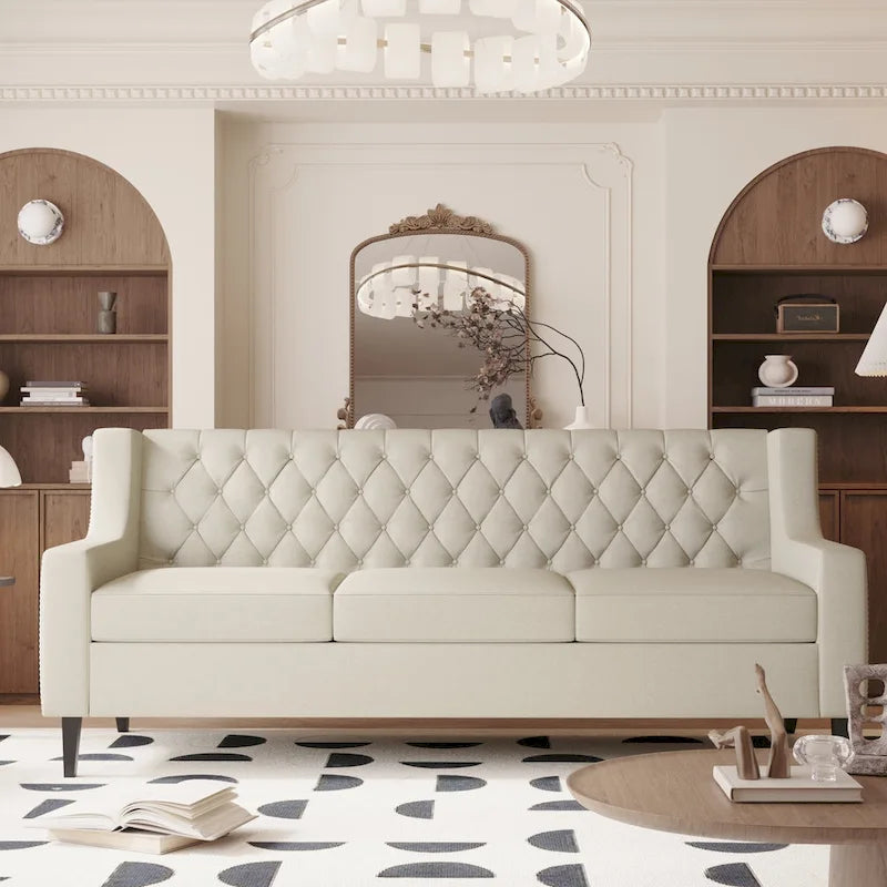 Medieval-style modern fabric three-seater sofa with tufted backrest