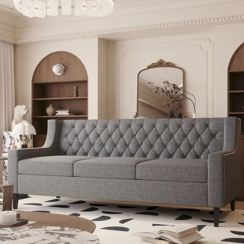 Medieval-style modern fabric three-seater sofa with tufted backrest