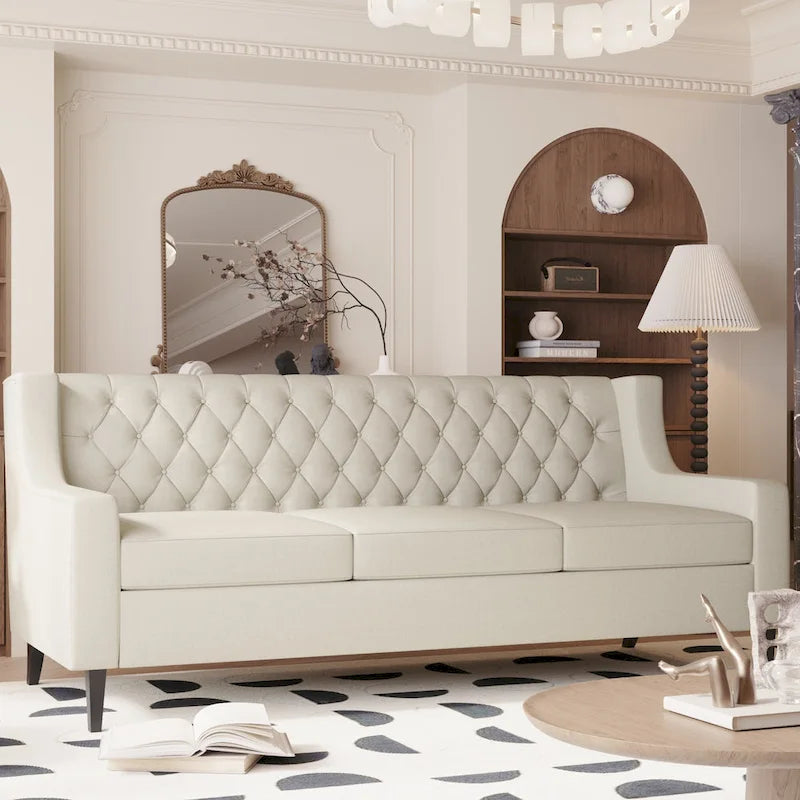 Medieval-style modern fabric three-seater sofa with tufted backrest
