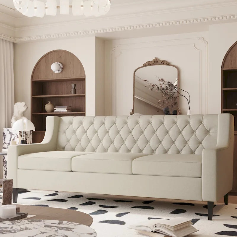 Medieval-style modern fabric three-seater sofa with tufted backrest