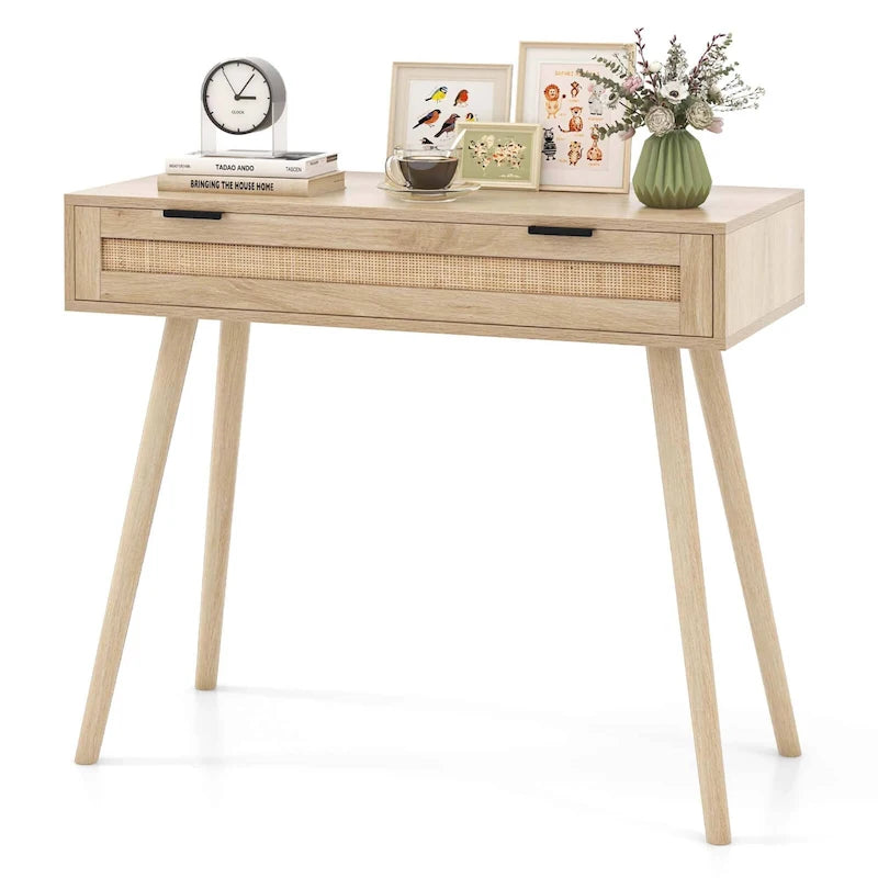 Rattan Console Table with Pull-out Drawer Boho Style Entryway - See Details