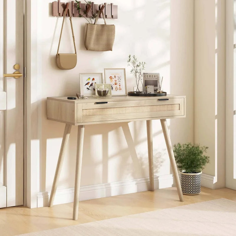 Rattan Console Table with Pull-out Drawer Boho Style Entryway - See Details