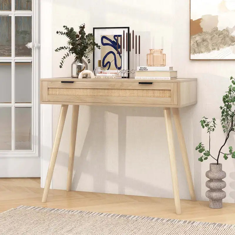 Rattan Console Table with Pull-out Drawer Boho Style Entryway - See Details