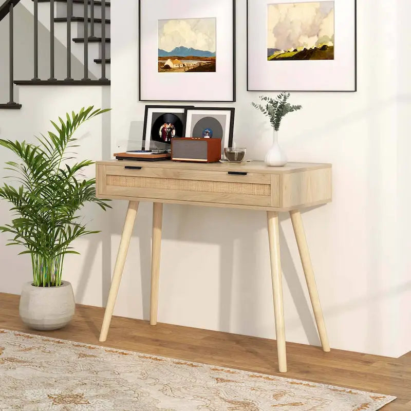 Rattan Console Table with Pull-out Drawer Boho Style Entryway - See Details