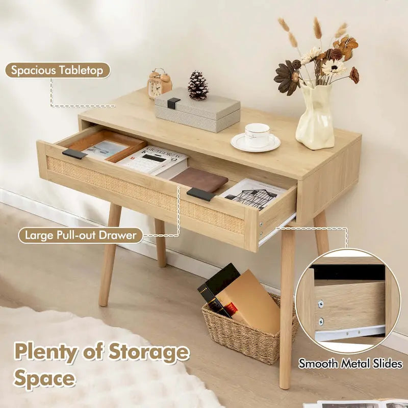 Rattan Console Table with Pull-out Drawer Boho Style Entryway - See Details