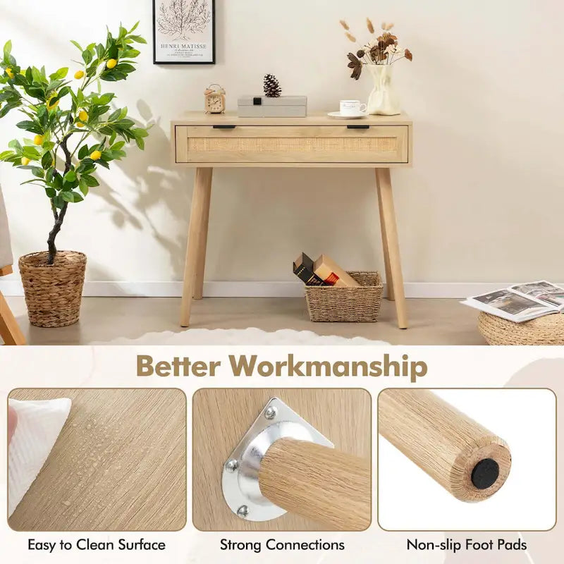 Rattan Console Table with Pull-out Drawer Boho Style Entryway - See Details
