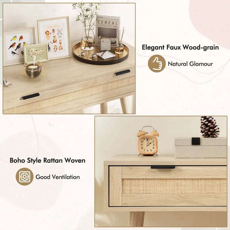 Rattan Console Table with Pull-out Drawer Boho Style Entryway - See Details