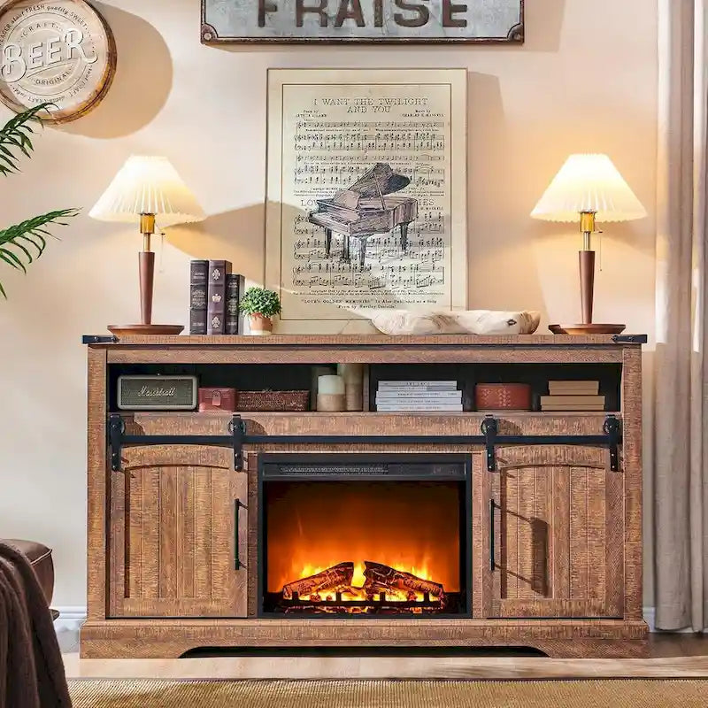 Farmhouse Fireplace TV Stand, Entertainment Center w/ Arched Door