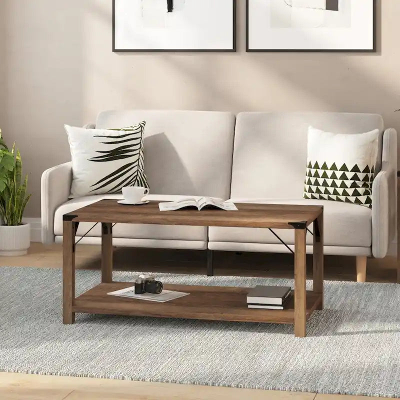 2-Tier Coffee Table with Metal Side Braces and Corner Caps
