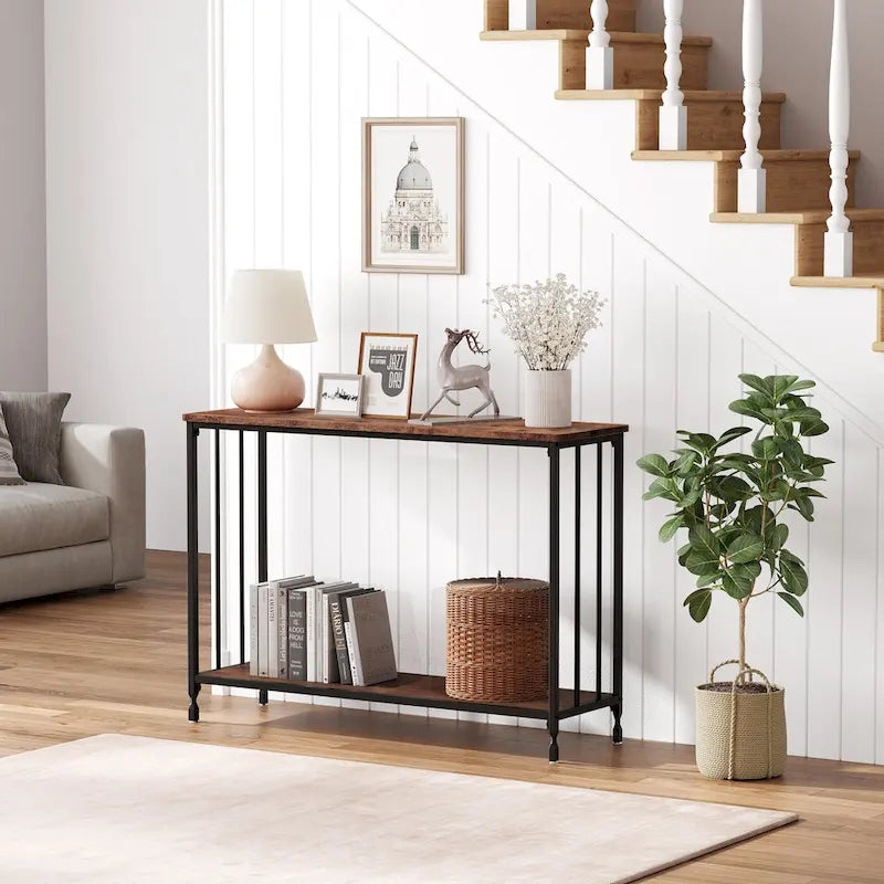 2 Tier Retro Console Table with MDF Shelf Storage - 41.3