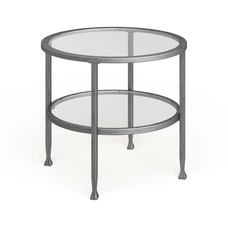 Silver Metal Round Side Table with Shelf