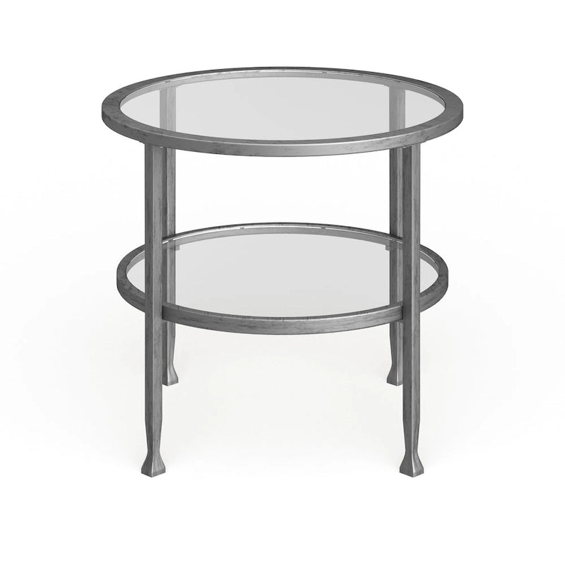 Silver Metal Round Side Table with Shelf
