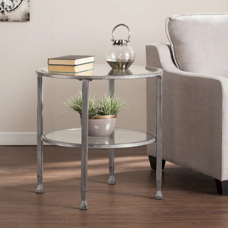 Silver Metal Round Side Table with Shelf