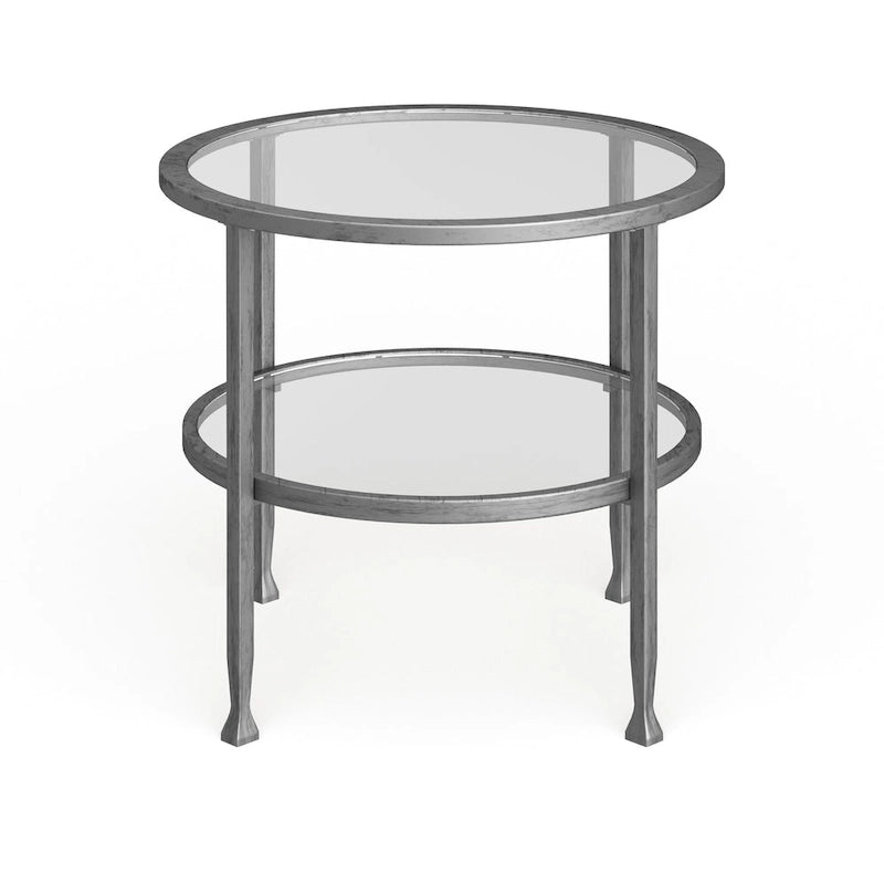 Silver Metal Round Side Table with Shelf
