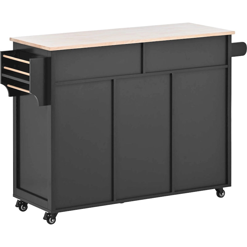 Kitchen Island Cart with Rubber Wood Top and Locking Wheels
