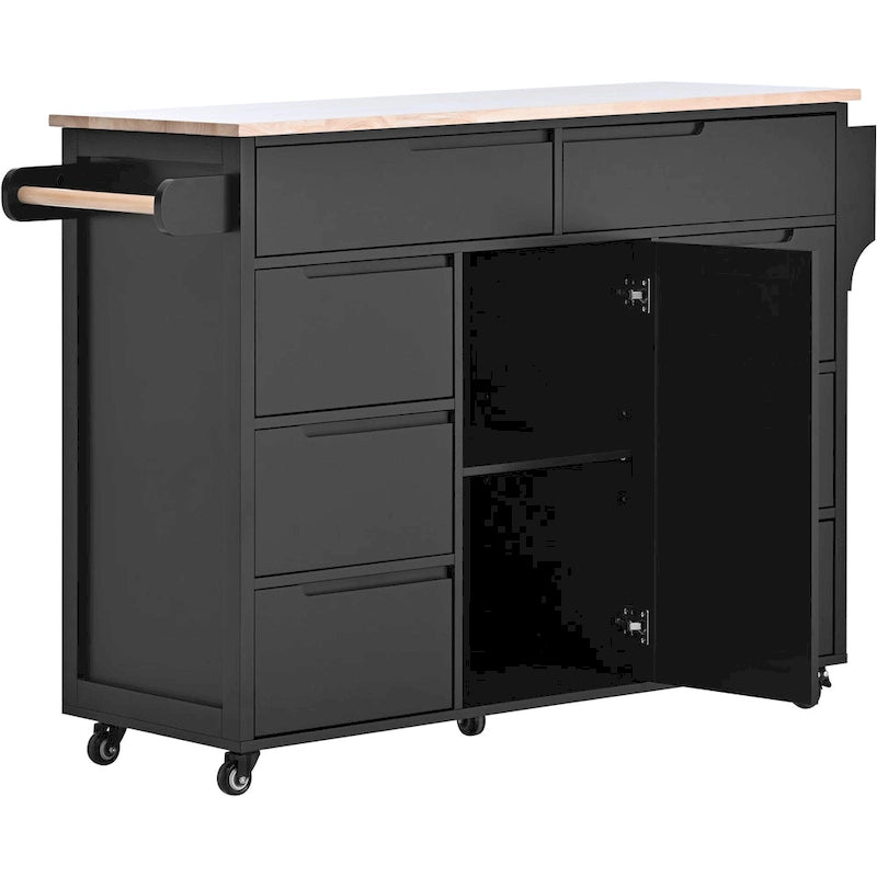 Kitchen Island Cart with Rubber Wood Top and Locking Wheels