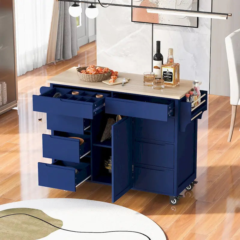 Kitchen Island Cart with Rubber Wood Top and Locking Wheels