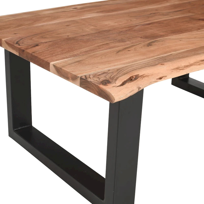 45 Inch Acacia Farmhouse Coffee Table, Live Edges, Metal Sled Base, Brown and Black