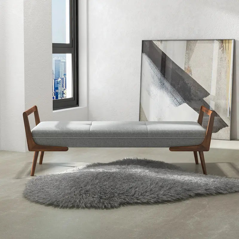 Mid Century Modern Fabric Upholstered Bench in Grey