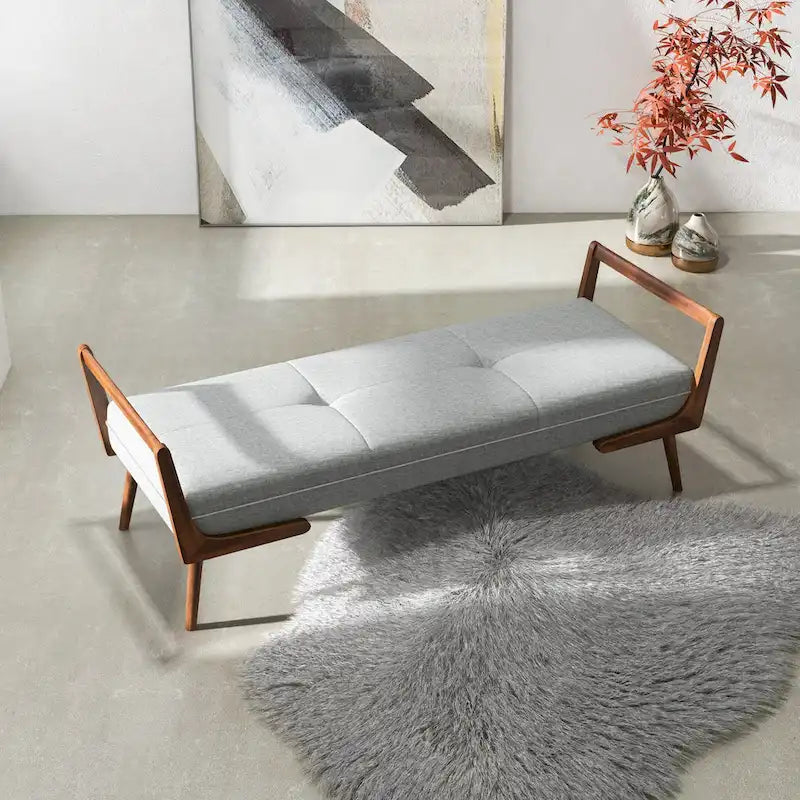Mid Century Modern Fabric Upholstered Bench in Grey