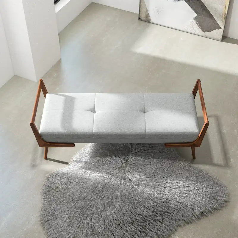 Mid Century Modern Fabric Upholstered Bench in Grey
