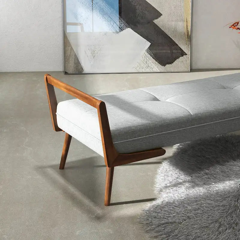 Mid Century Modern Fabric Upholstered Bench in Grey