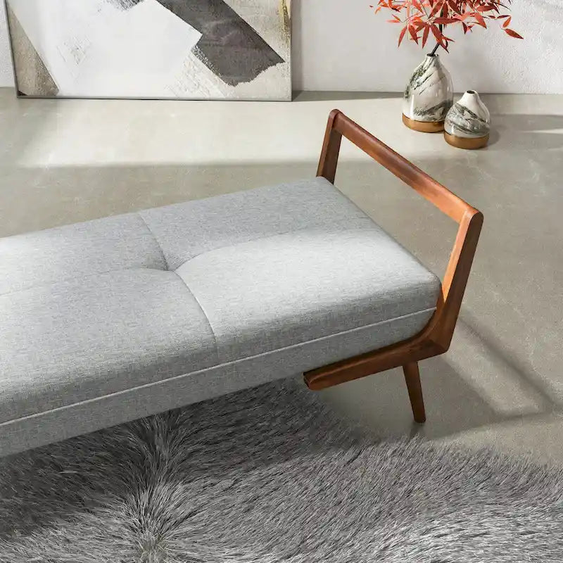 Mid Century Modern Fabric Upholstered Bench in Grey
