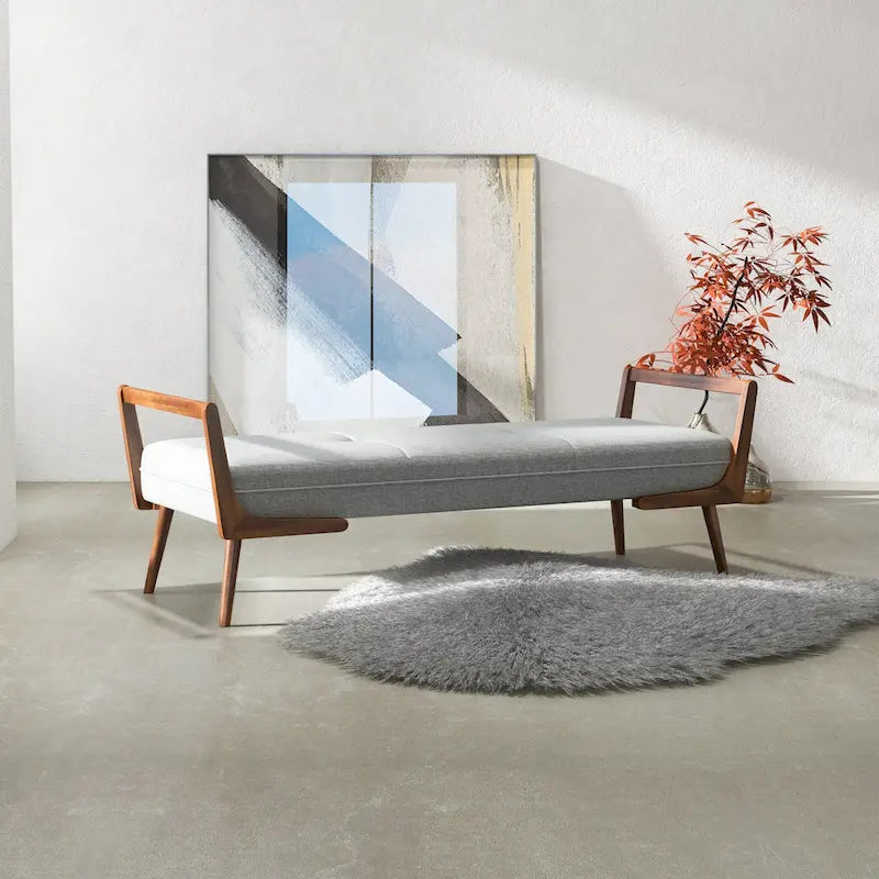 Mid Century Modern Fabric Upholstered Bench in Grey