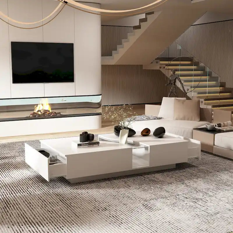 Storage Masterpiece Contemporary White Coffee Table Colorful LED Edge - 55.1W