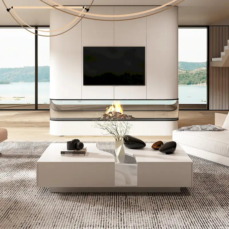 Storage Masterpiece Contemporary White Coffee Table Colorful LED Edge - 55.1W