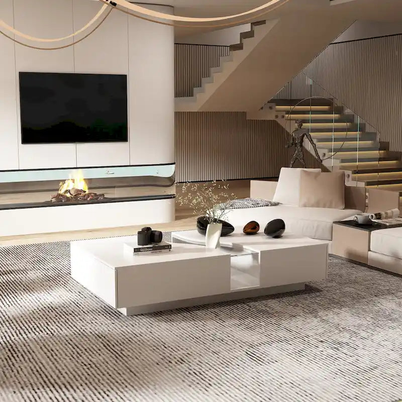 Storage Masterpiece Contemporary White Coffee Table Colorful LED Edge - 55.1W