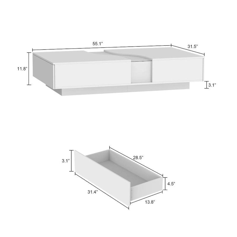Storage Masterpiece Contemporary White Coffee Table Colorful LED Edge - 55.1W
