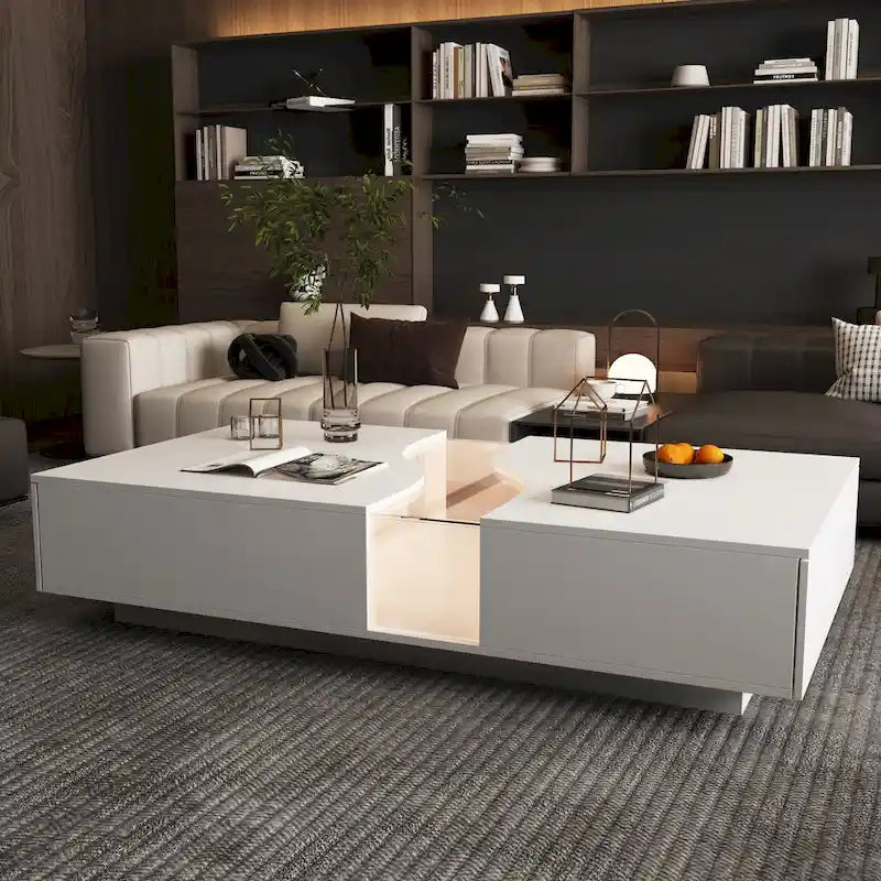 Storage Masterpiece Contemporary White Coffee Table Colorful LED Edge - 55.1W