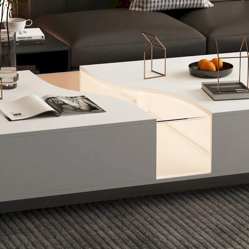 Storage Masterpiece Contemporary White Coffee Table Colorful LED Edge - 55.1W
