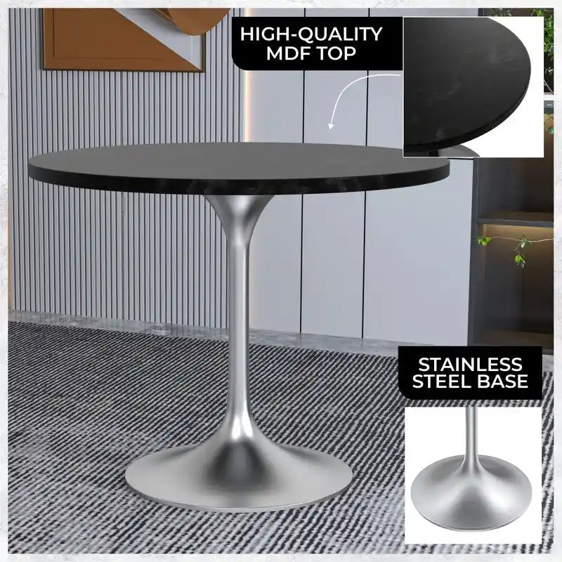 36 Round Dining Table with MDF Wood TableTop and Brushed Chrome Base for Kitchen & Dining Room