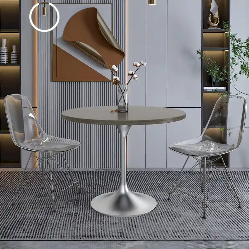 36 Round Dining Table with MDF Wood TableTop and Brushed Chrome Base for Kitchen & Dining Room
