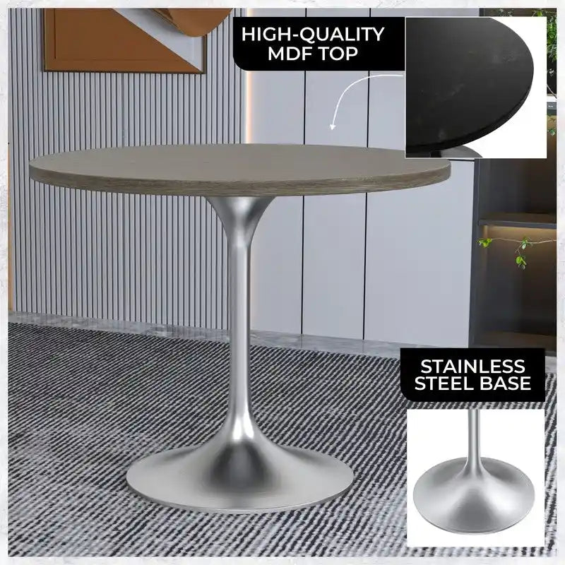 36 Round Dining Table with MDF Wood TableTop and Brushed Chrome Base for Kitchen & Dining Room