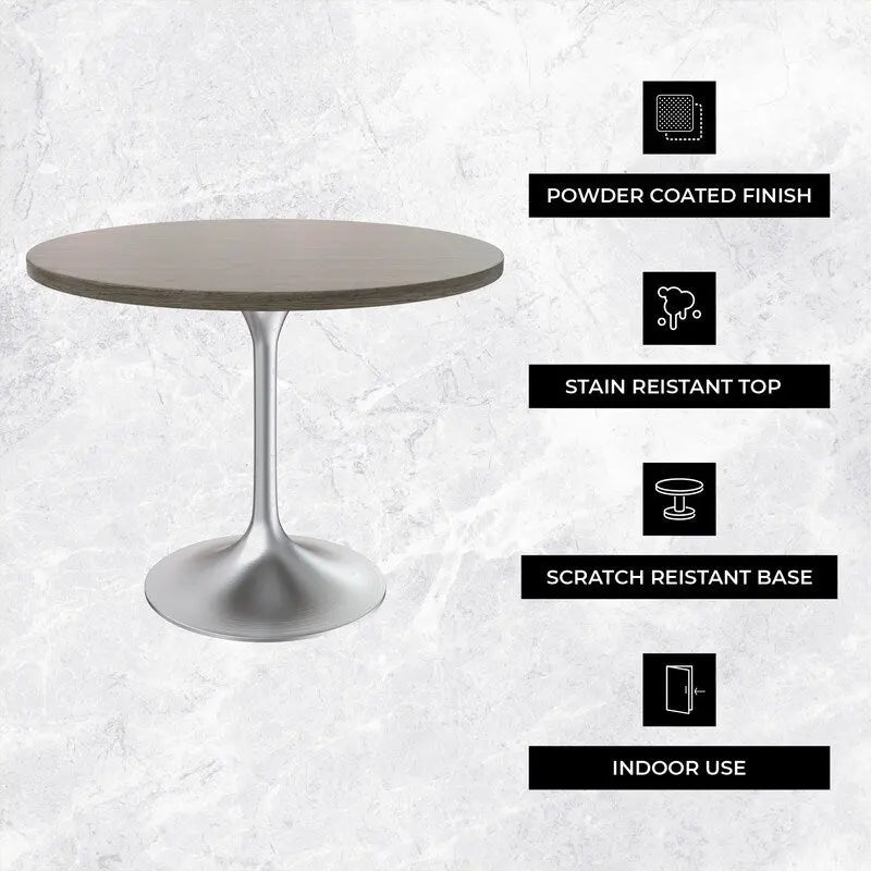 36 Round Dining Table with MDF Wood TableTop and Brushed Chrome Base for Kitchen & Dining Room