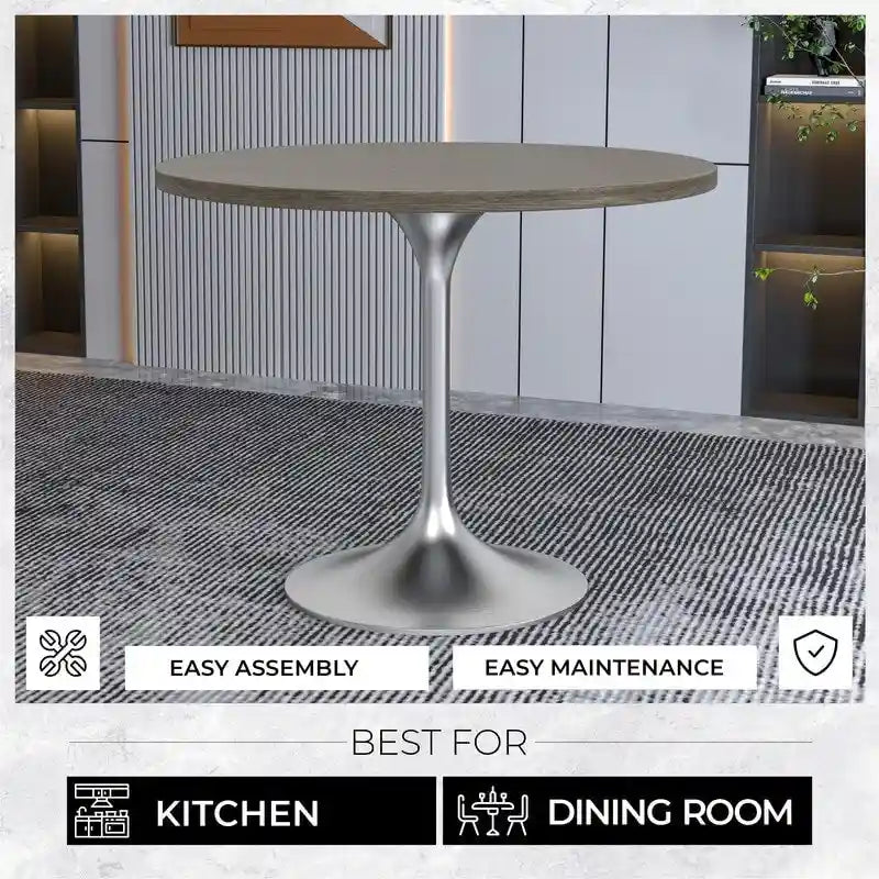 36 Round Dining Table with MDF Wood TableTop and Brushed Chrome Base for Kitchen & Dining Room